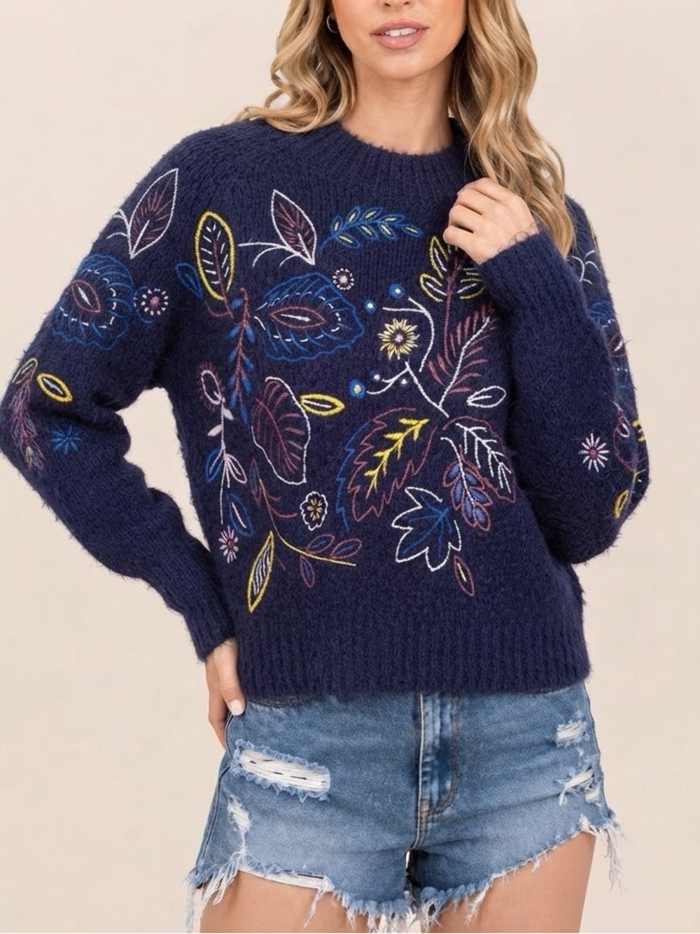 Embroidered Floral Navy Women's Sweater